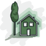 Un dessin représentant une maison vue de face avec un arbre sur sa gauche.