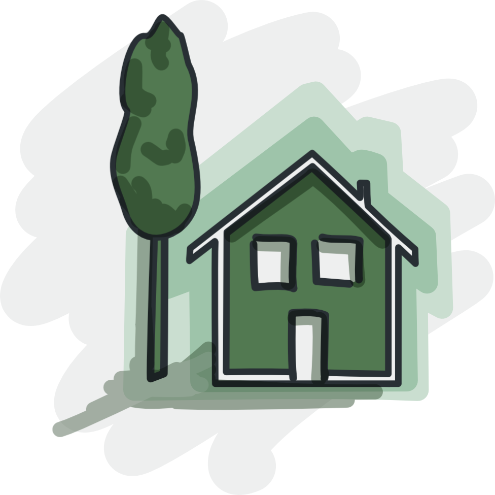 Un dessin représentant une maison vue de face avec un arbre sur sa gauche.